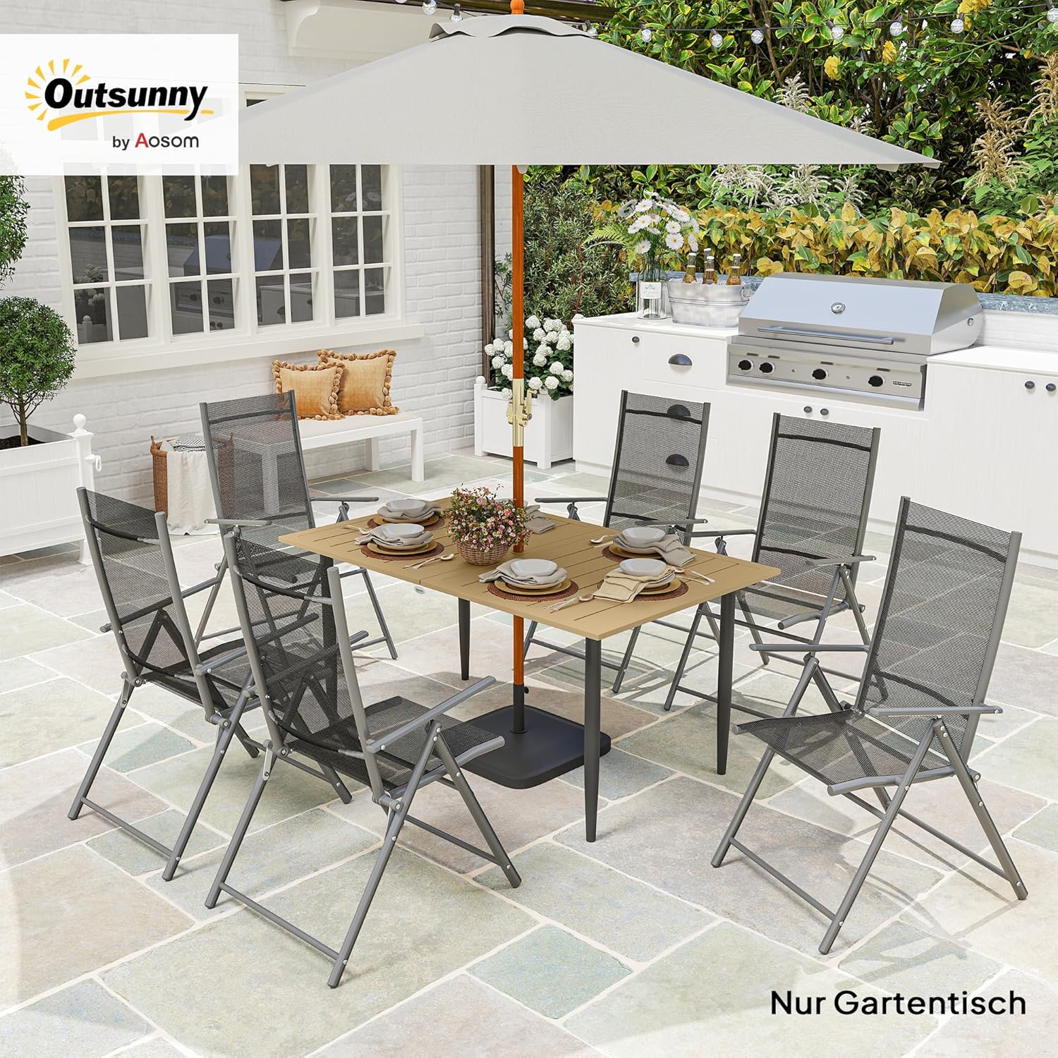 Table de jardin 150 x 90 cm - Résistante aux intempéries - En acier - Avec trou pour parasol - Design à lamelles - Rectangulaire - Pour jardin, balcon - Marron