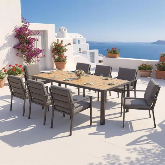 JUMMICO Table de Jardin Extérieur 150x80x74cm pour 6-8 Personnes - Design Aspect Bois en Aluminium Antirouille, Facile à Nettoyer et Imperméable - Résistante aux Intempéries pour Barbecue et Réunions Teck