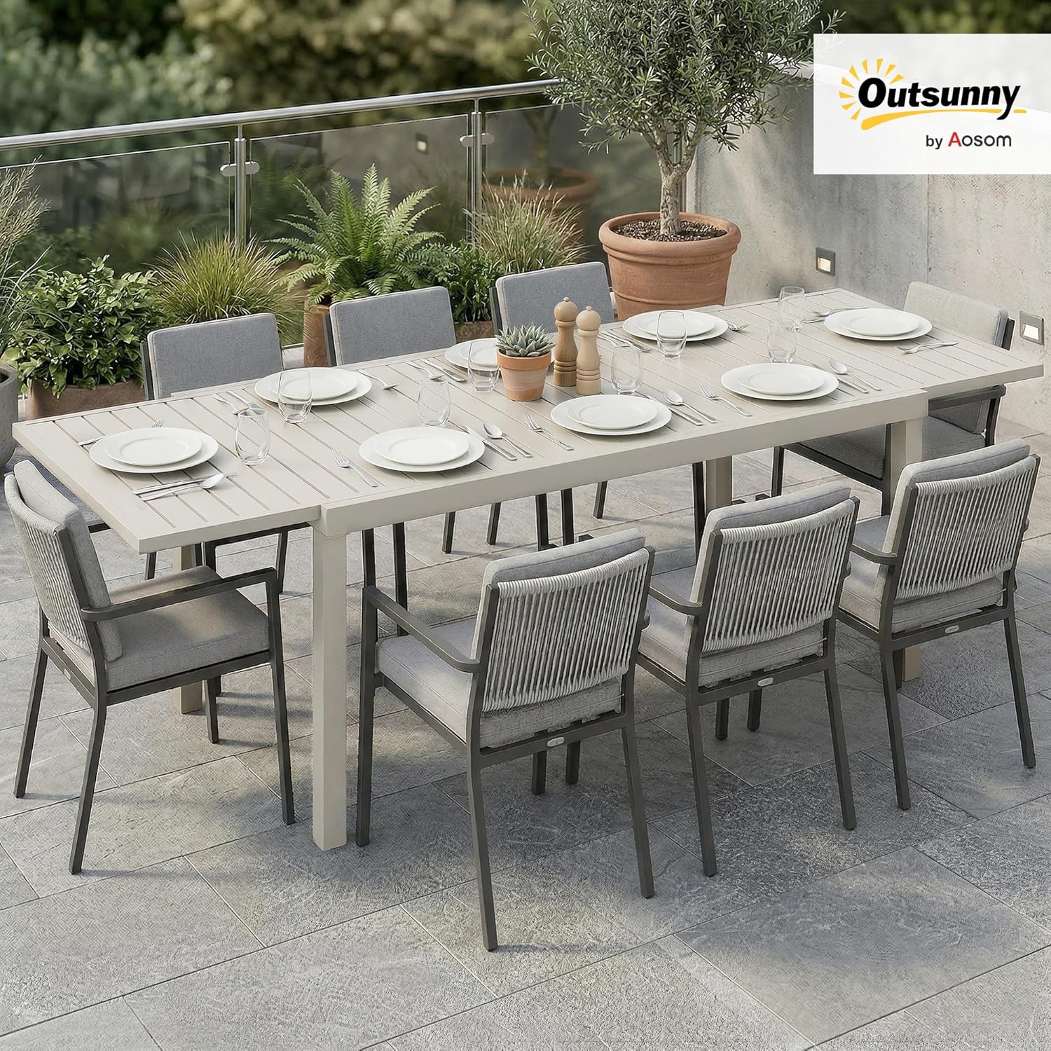 Table de Jardin Extensible 150-225 cm pour 6-8 Personnes, Table à Manger Extérieur en Aluminium Robuste avec Plateau à Lattes, Anti-Rouille et Légère, pour Terrasse, Balcon, Blanc