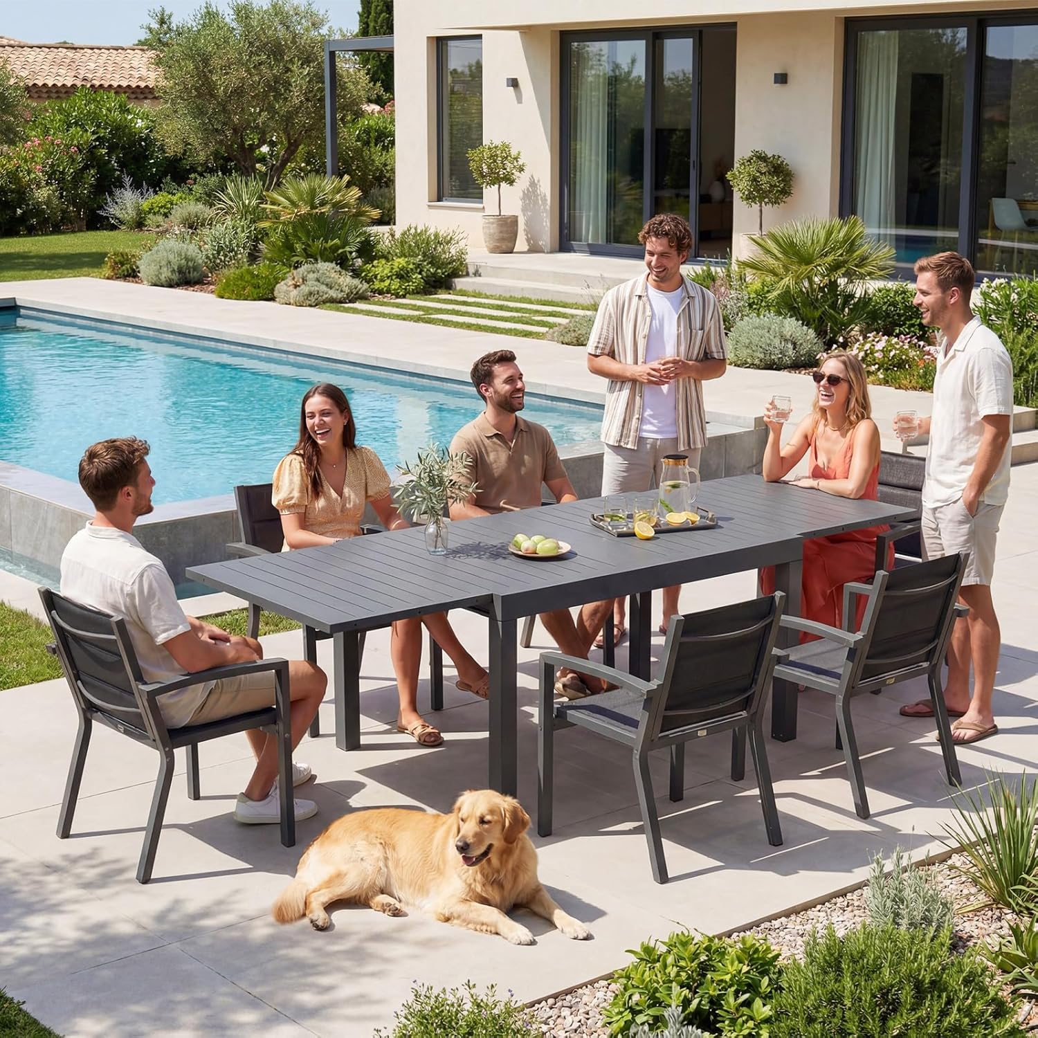 JUMMICO Table de Jardin Extensible 260x80cm pour 6-10 Personnes - Aluminium Antirouille, Imputrescible et Facile à Nettoyer - Design à Rallonge Compact Résistant aux Intempéries Gris Foncé