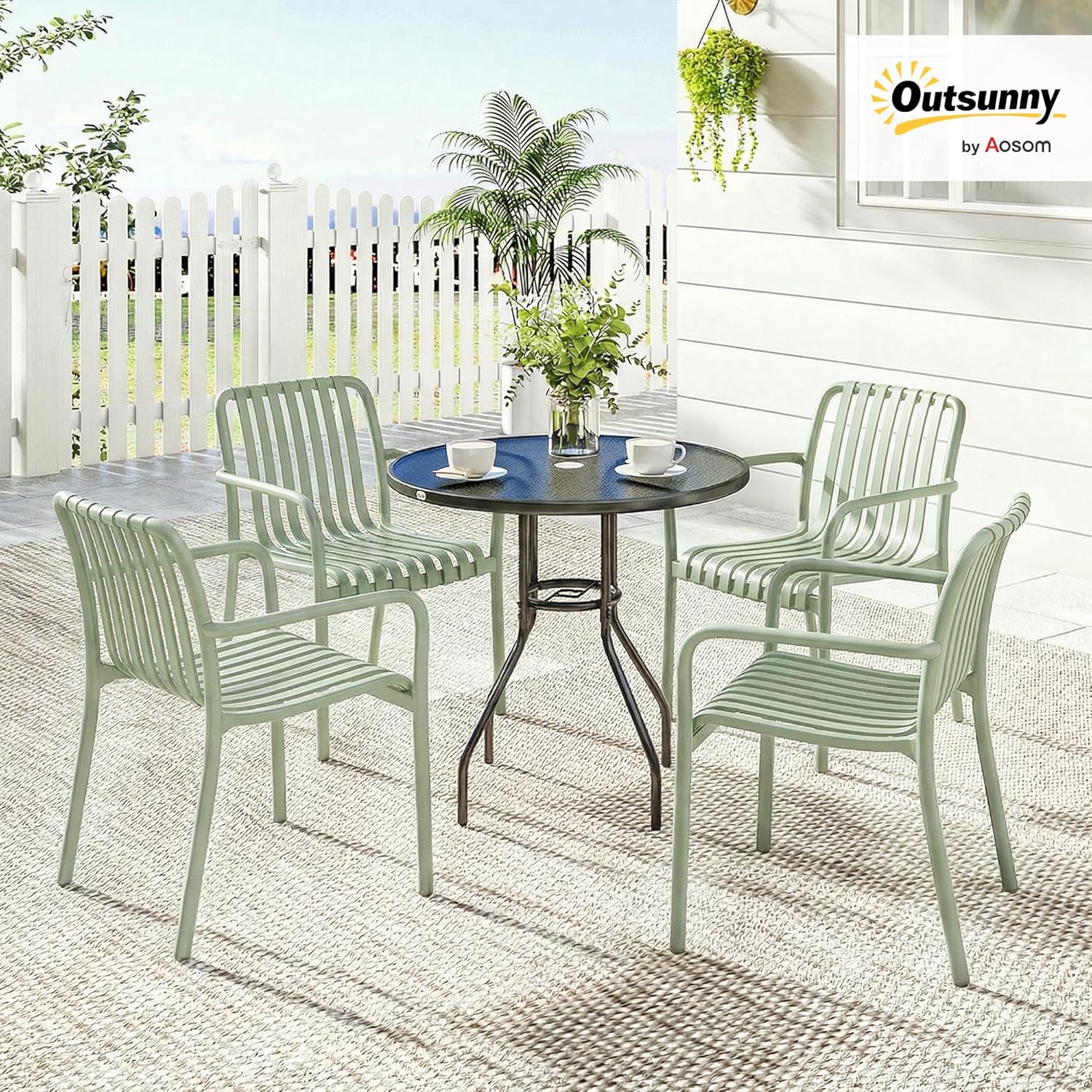 Lot de 4 Chaises de Jardin Empilables en Polypropylène Anti-UV - Fauteuil de Terrasse avec Accoudoirs et Dossier à Lattes Ergonomique - Chaises de Salle à Manger Extérieures, Gris Vert