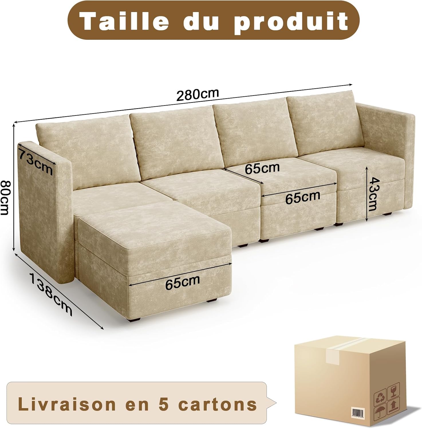 Canapé d'angle modulaire Convertible, canapé modulable L, canapé 4 Places avec Grand Espace de Rangement caché, canapé Moderne Salon Beige C-beige