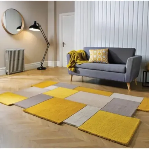 Test Anhell Art Blocks Collage 200x290 Ocre : un grand tapis en laine qui fait le job, avec quelques compromis