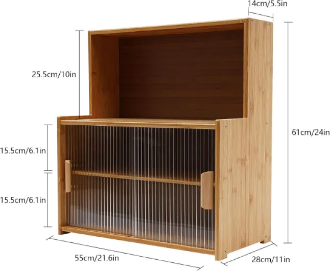 Petit buffet de cuisine en bambou pour plan de travail, armoire avec portes coulissantes, étagères réglables pour pots à épices et ustensiles de cuisine, tasses Bois