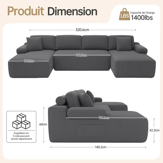 DURASPACE Canapé Modulable en U Compressé pour Salon, Canapés Modulaires en Velours Côtelé avec Assise Profonde, Canape Surdimensionné en Mousse à Mémoire de Forme, Aucun Assemblage Requis (Gris)