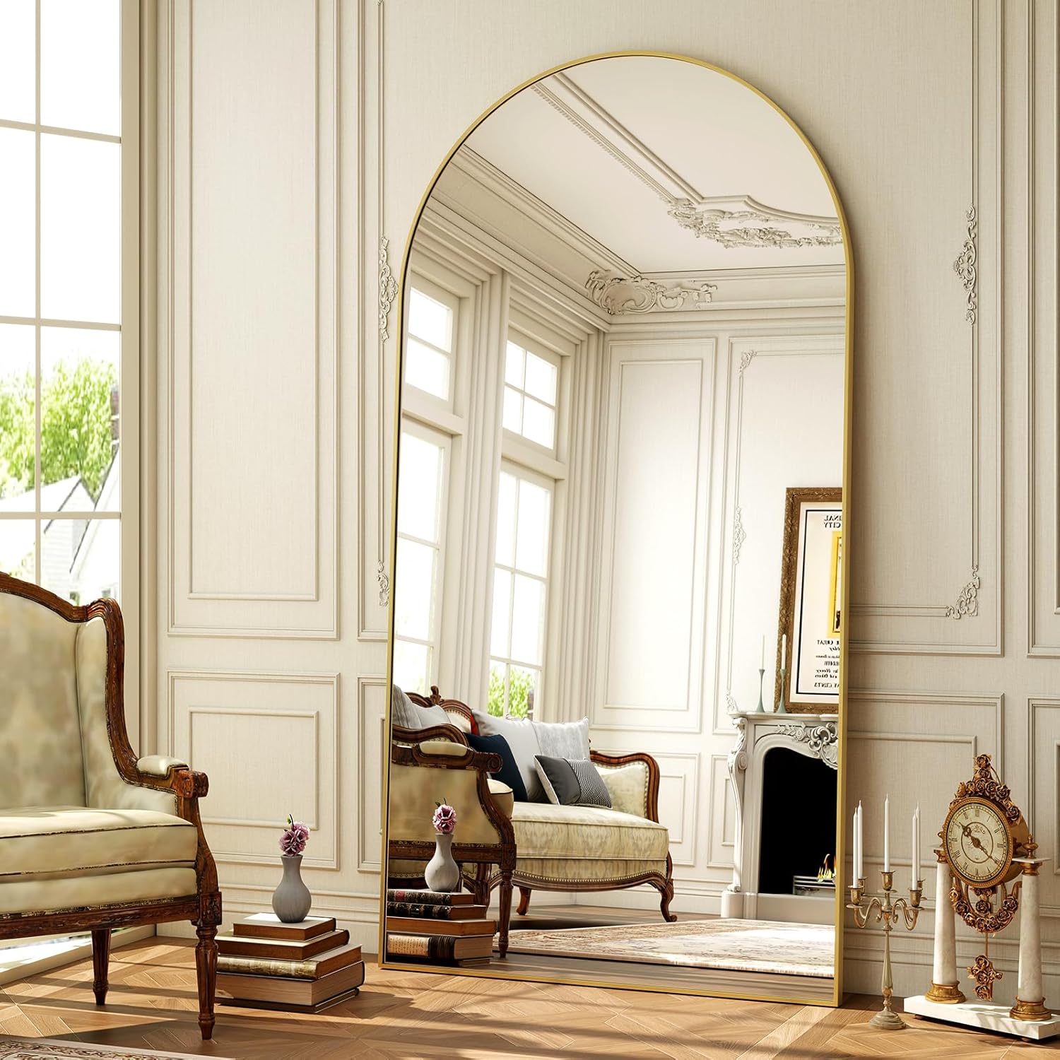 Koonmi Miroir sur pied avec dessus bombe, 171 x 76 cm, miroir arque, avec verre robuste, monte au mur ou appuye, dore Or 171L x 76l cm