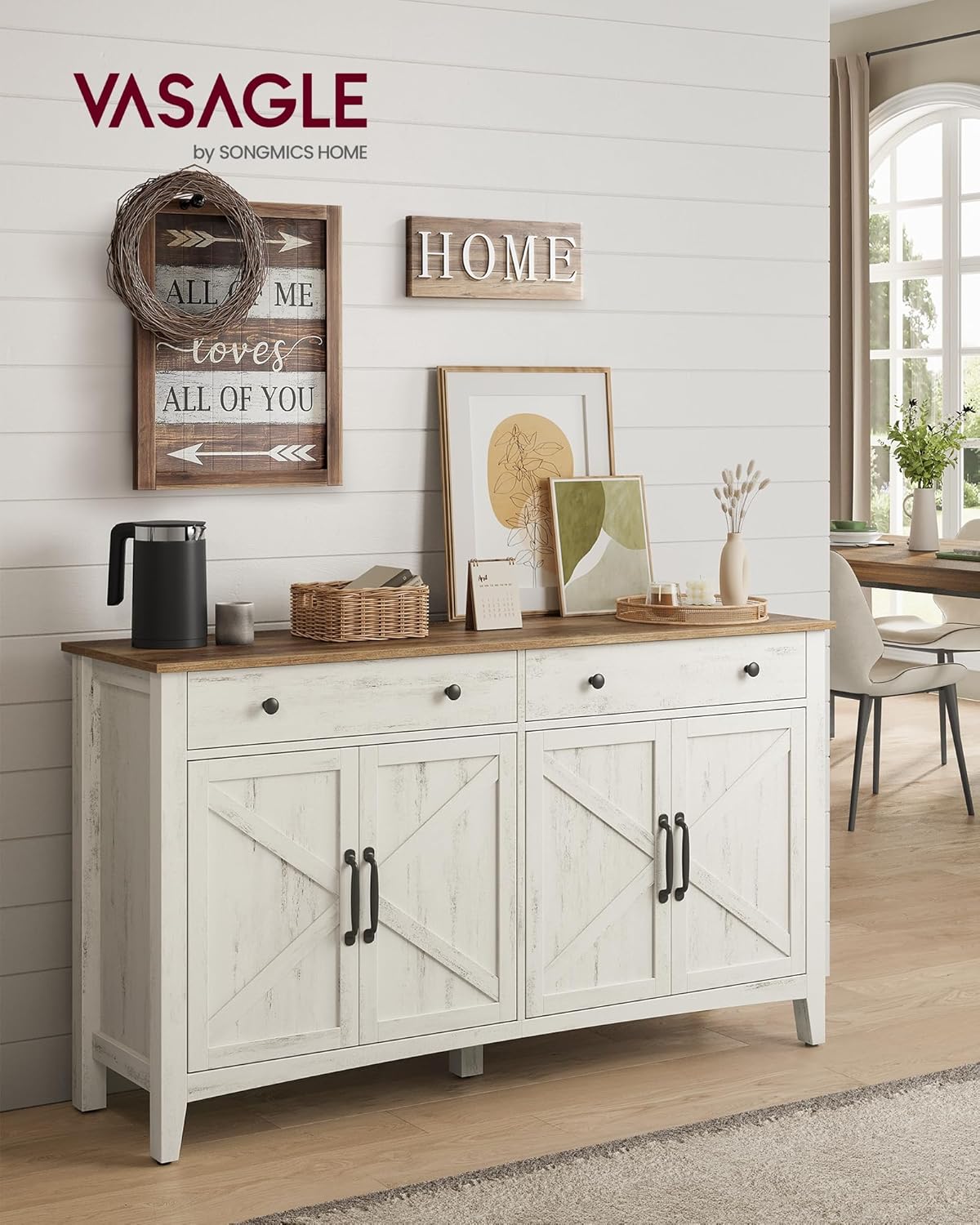 Buffet, Meuble de Rangement avec Tiroir, Meuble de Cuisine, avec Portes, Étagère Réglable, Style Campagne, pour Salon, 40 x 140 x 80 cm, Blanc Rustique et Marron Miel BBK381W02 140L cm Blanc Rustique + Marron Miel