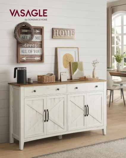 Buffet, Meuble de Rangement avec Tiroir, Meuble de Cuisine, avec Portes, Étagère Réglable, Style Campagne, pour Salon, 40 x 140 x 80 cm, Blanc Rustique et Marron Miel BBK381W02 140L cm Blanc Rustique + Marron Miel