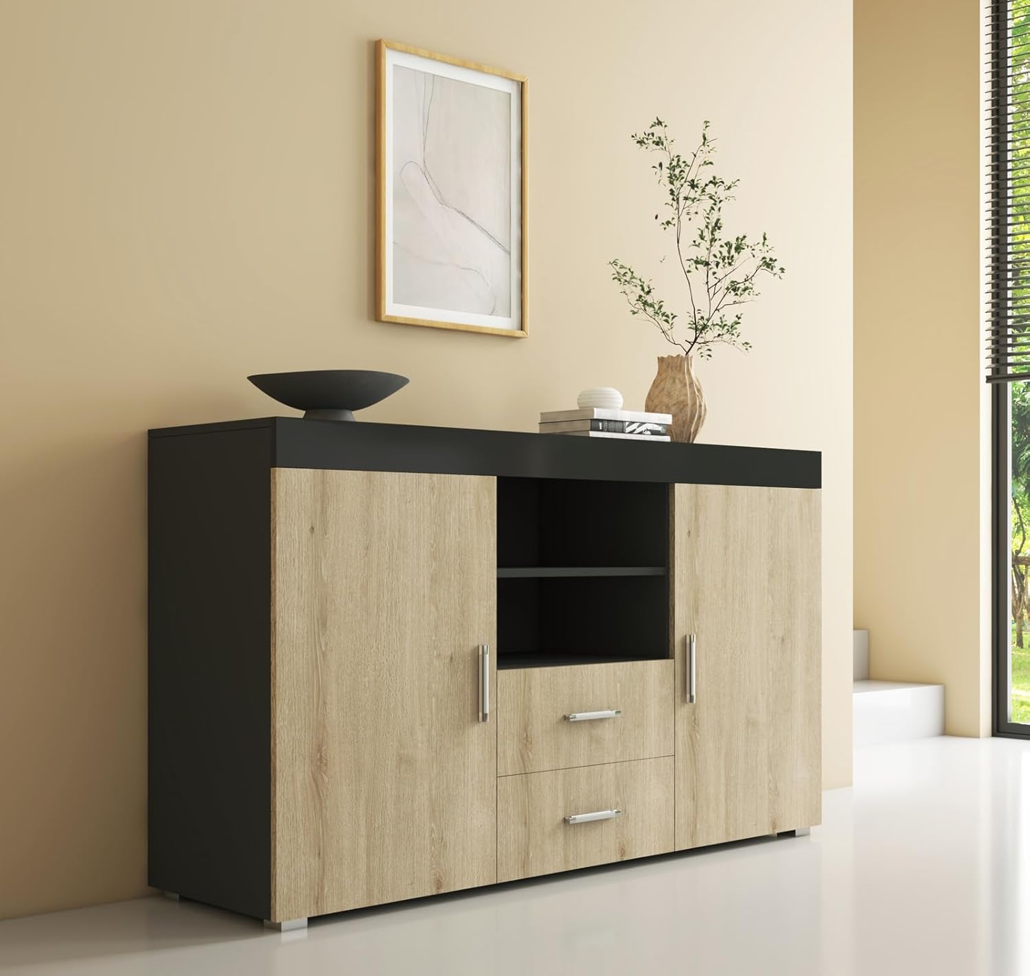 Buffet Roque pour Salon et Salle à Manger Moderne - Meuble TV en Mélamine - Couleur Noir Brillant et Sonoma Mat - 140x80x40 cm Noir avec Sonoma