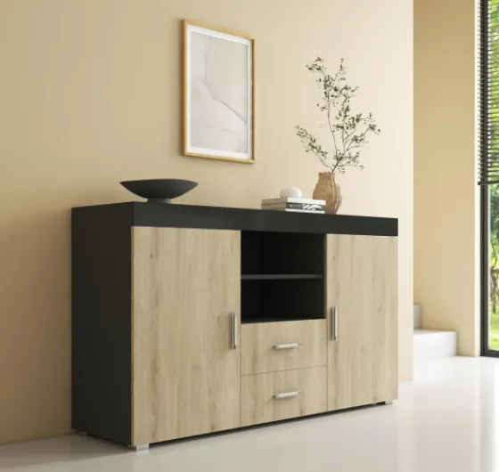 Buffet Roque pour Salon et Salle à Manger Moderne - Meuble TV en Mélamine - Couleur Noir Brillant et Sonoma Mat - 140x80x40 cm Noir avec Sonoma