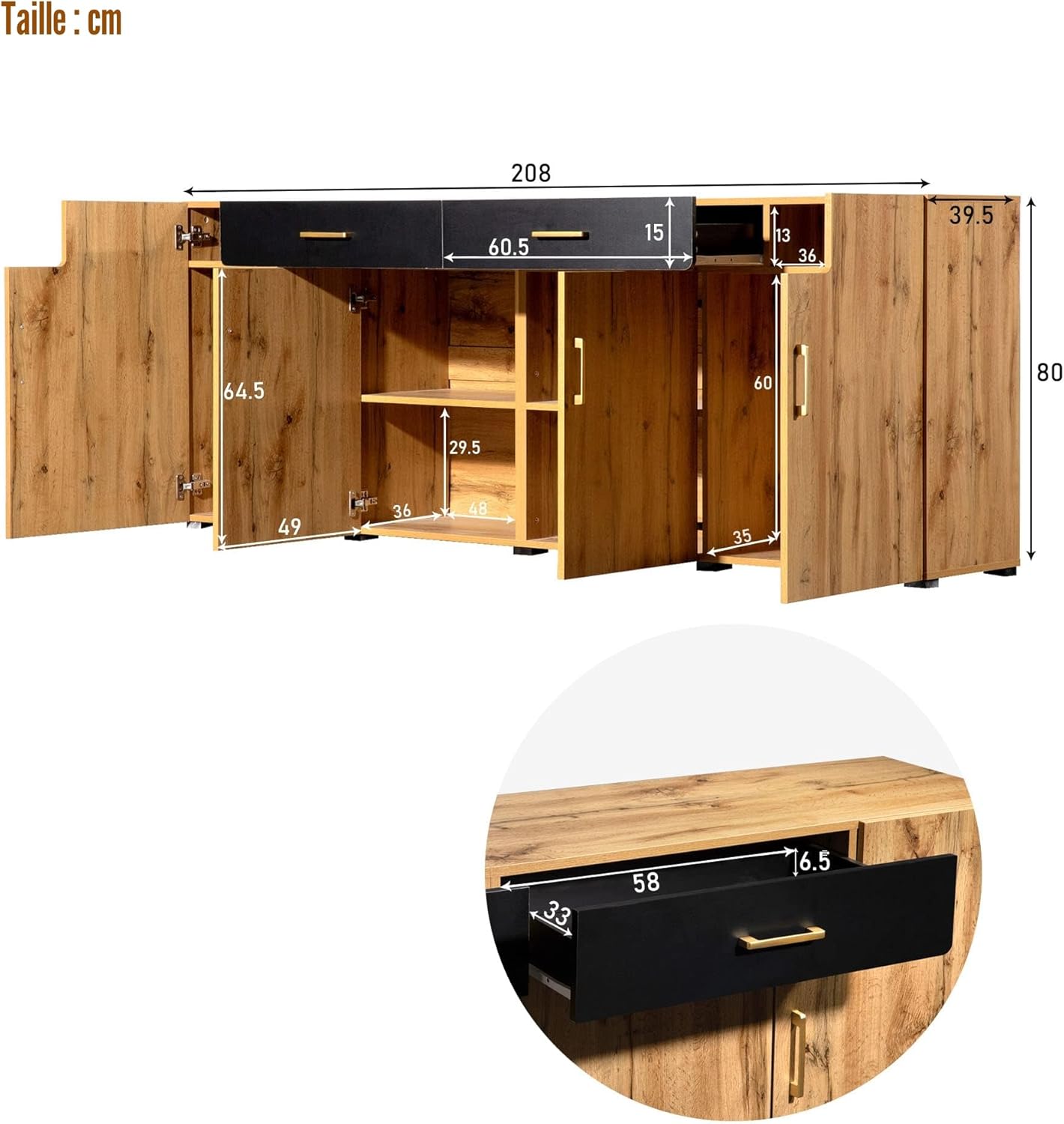 Buffet de Rangement Moderne avec 4 Portes et 2 tiroirs - Armoire de Rangement avec Beaucoup d'espace de Rangement - Buffets pour Salle à Manger, Salon, Cuisine, Marron, 208 x 39,5 x 80 cm BV1 Marron 208 x 39.5 x 80 cm