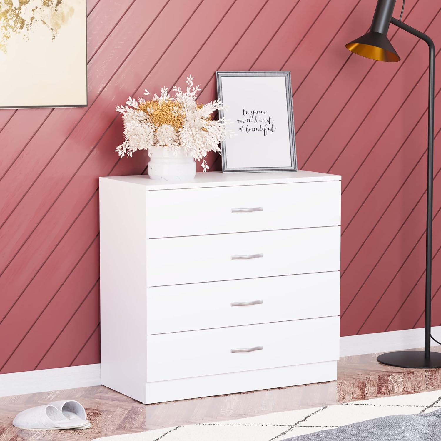 Vida Designs Commode Blanche, 4 tiroirs avec poignées et glissières en métal Anti-déformations, Blanc