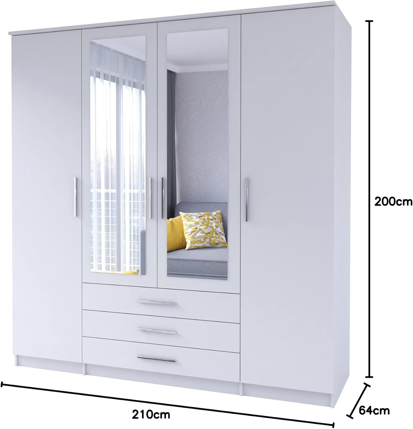 Szantal Armoire À Portes Coulissantes 4d Avec Miroir Armoire À Trois Tiroirs Tringle À Vêtements Et Étagères Placard De Chambre À Coucher Portes Coulissantes Design Moderne (Blanc/blanc) 4d Blanc/Blanc