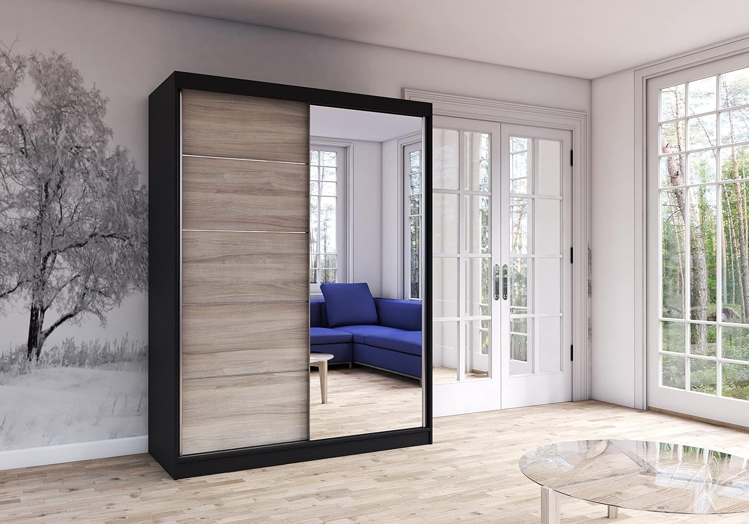 Armoire À Portes Coulissantes Élégante Bella 03 - Penderie Avec Miroir Pour Chambre Et Salon - Design Moderne (Noir/Sonoma)