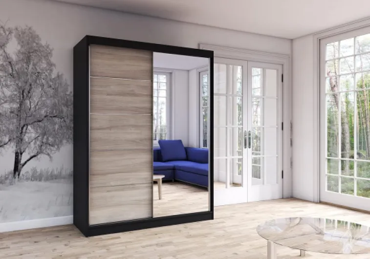 Armoire À Portes Coulissantes Élégante Bella 03 - Penderie Avec Miroir Pour Chambre Et Salon - Design Moderne (Noir/Sonoma)