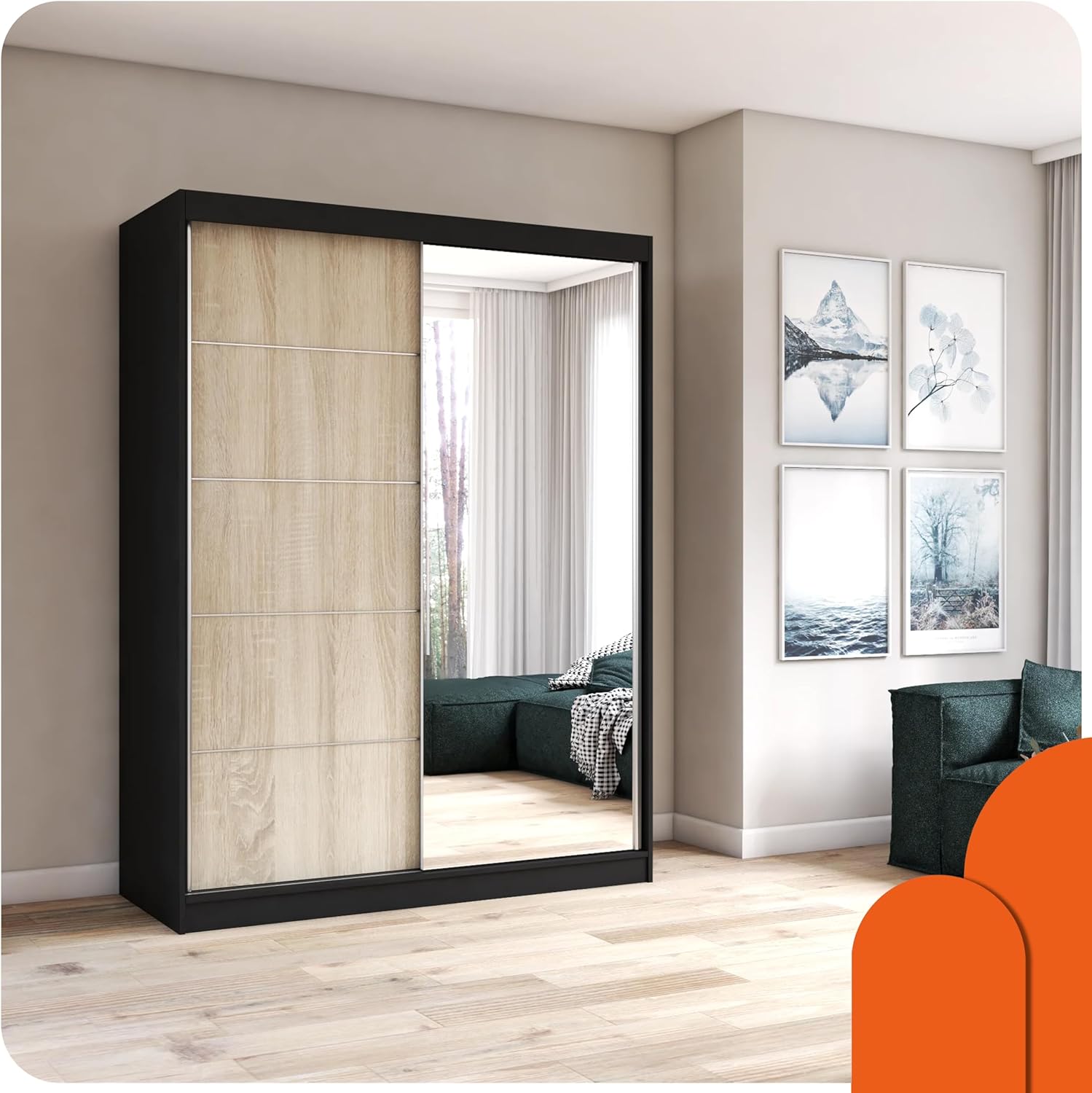 Vista 05 - Armoire à portes coulissantes - Élégante garde-robe avec miroir - Convient à la chambre à coucher et au salon, design moderne (blanc/blanc)
