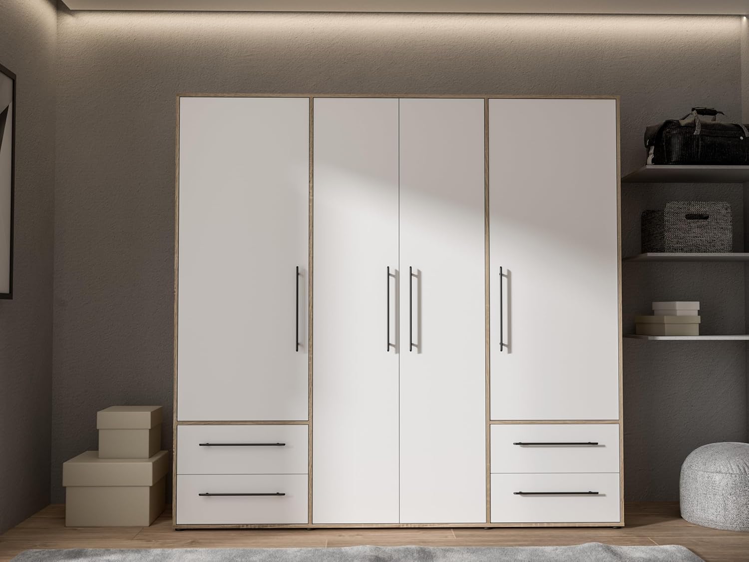 Forte Jupiter Armoire 200 210 à 4 Portes battantes avec 4 tiroirs et étagères Blanc avec décor en Bois chêne Sonoma 206 x 59 x 200 cm Sonoma Eiche/Weiß 206 x 200 x 60 cm 4-türig