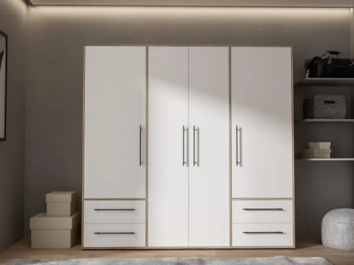 Forte Jupiter Armoire 200 210 à 4 Portes battantes avec 4 tiroirs et étagères Blanc avec décor en Bois chêne Sonoma 206 x 59 x 200 cm Sonoma Eiche/Weiß 206 x 200 x 60 cm 4-türig