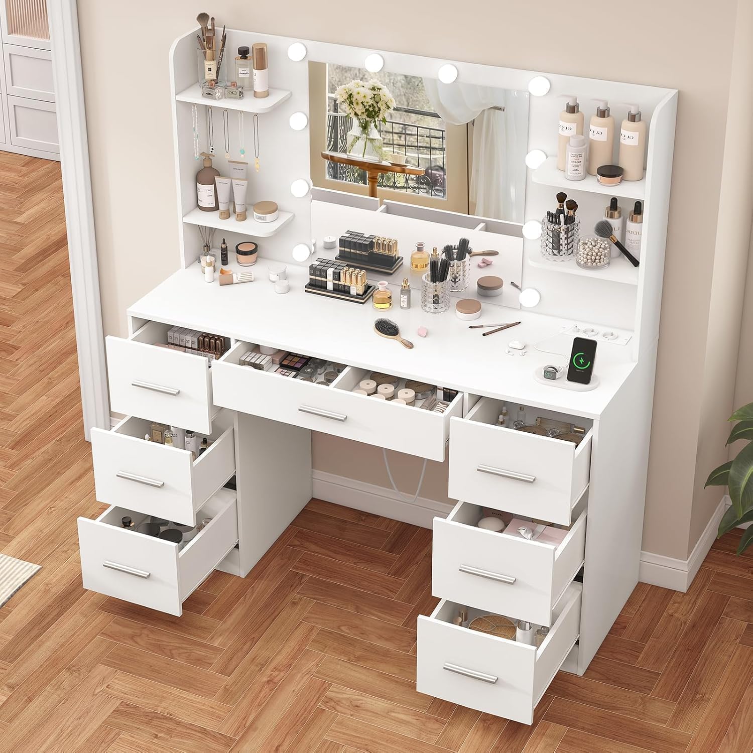 Coiffeuse avec Miroir, Coiffeuse avec Lumières, Luminosité Réglable, Table de Maquillage avec Prise,Blanc,7 Tiroirs,5 Crochets 7 Tiroirs+5 Crochets