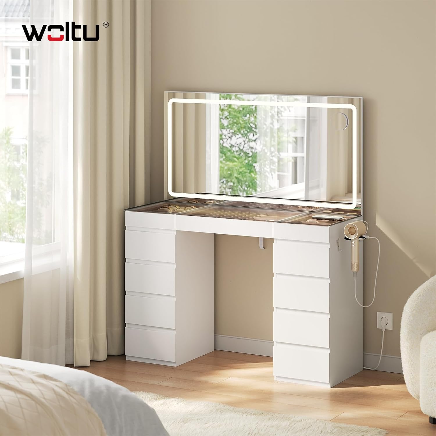 Coiffeuse avec Grand Miroir LED, Plateau en Verre, Table de Maquillage avec 11 Tiroirs, Station de Charge, Compartiments à Bijoux & Support Sèche-Cheveux, Meuble Moderne pour Chambre, Blanc