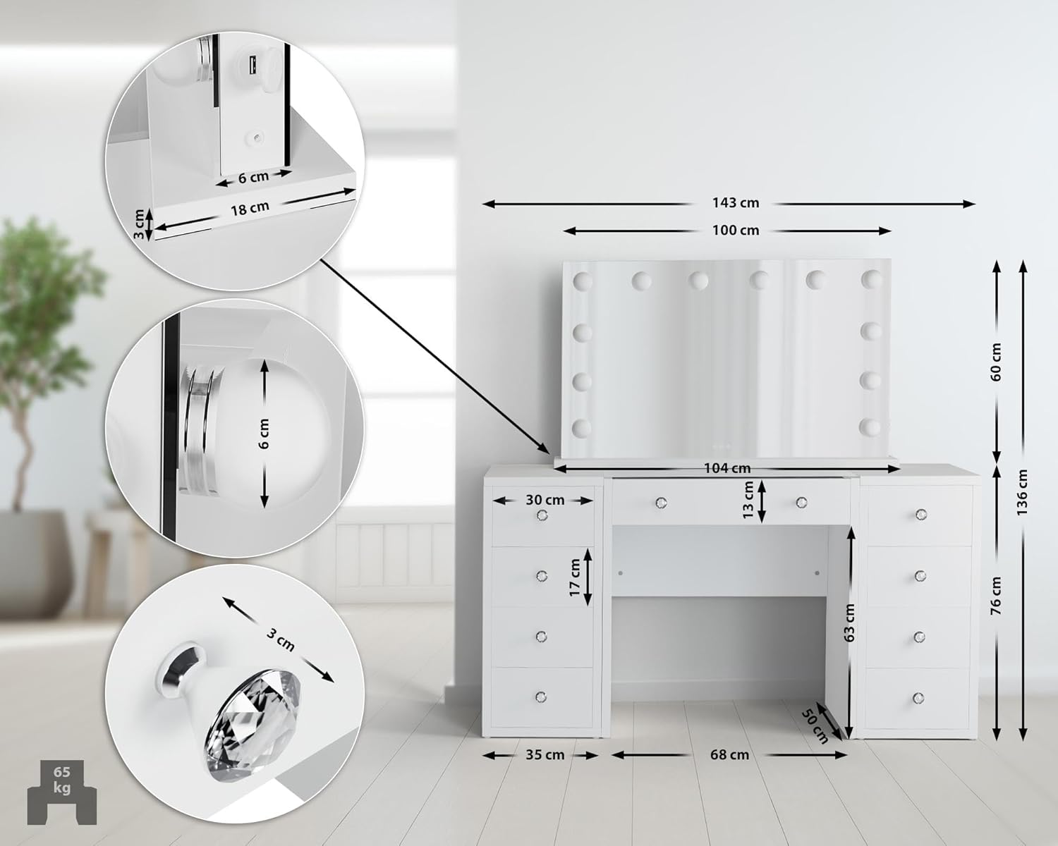 Coiffeuse Tiline Miroir Hollywood Éclairage LED 9 Tiroirs Plateau Verre Prise USB Blanc