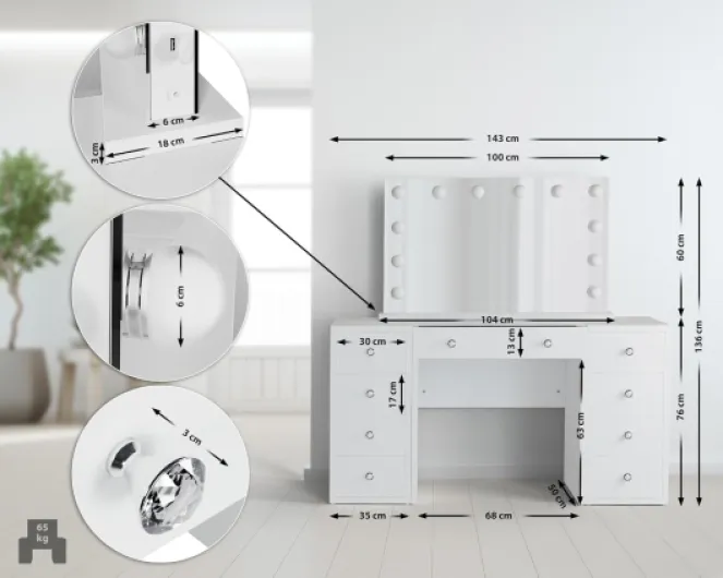 Coiffeuse Tiline Miroir Hollywood Éclairage LED 9 Tiroirs Plateau Verre Prise USB Blanc
