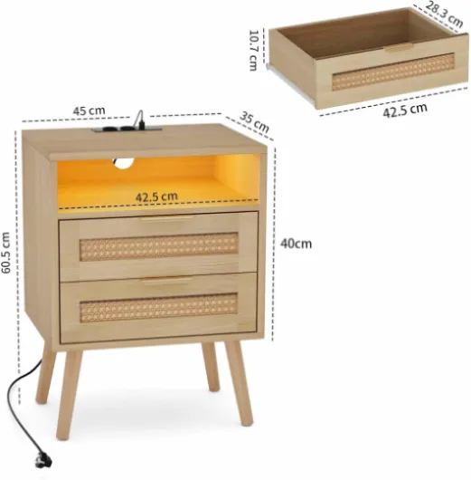 BonVache Table de Chevet Lot de 2 avec Lumière Réglable, Table de Nuit, Prise intégrée et Ports USB-A & C, Compartiment Ouvert et 2 Tiroirs en Cannage, Pieds en Bois Massif, Style Rotin Naturel 2er-Set Couleur Bois Naturel