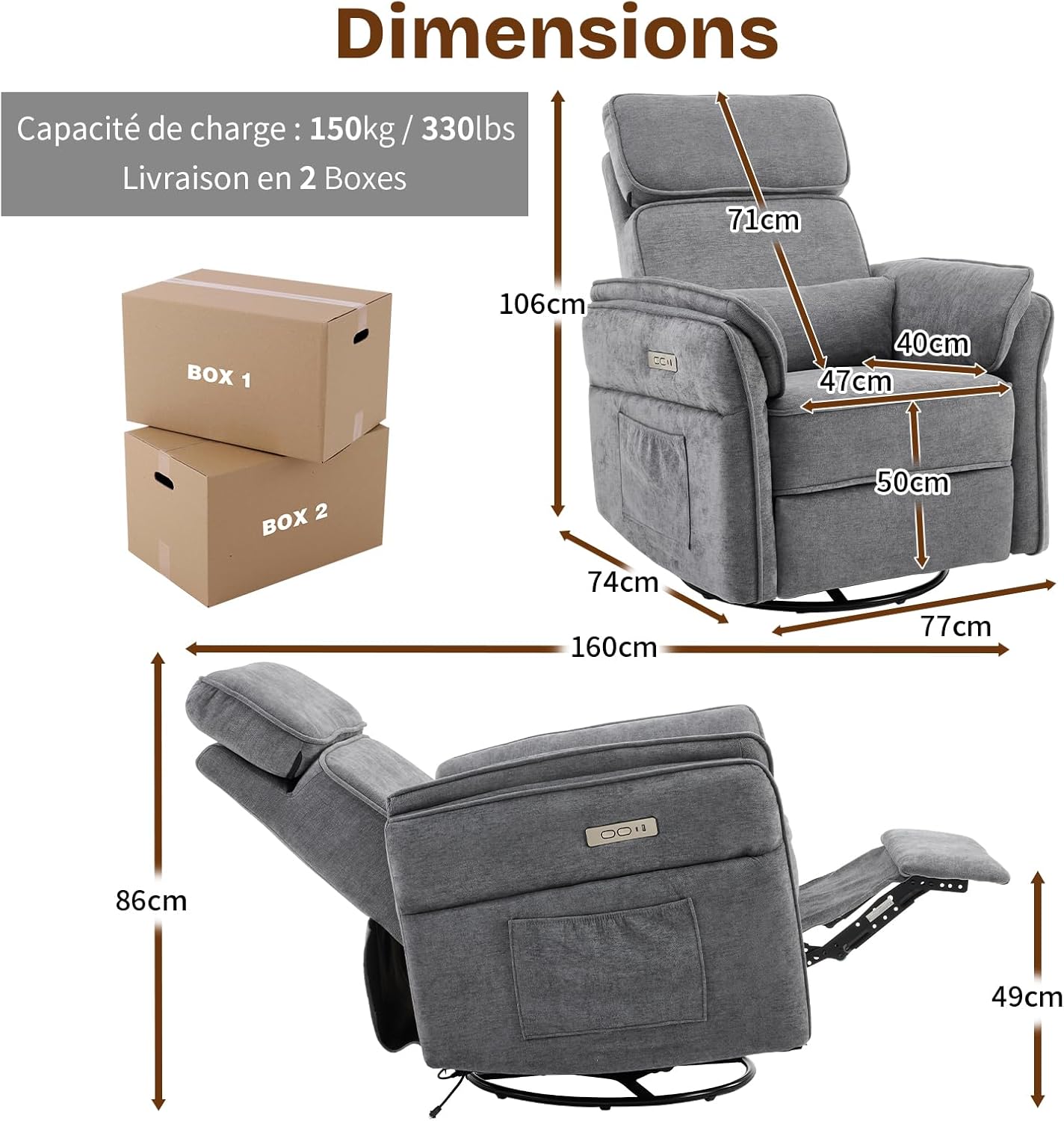 Fauteuil Relax électrique,Fauteuil d'allaitement Rotation de 300°, Inclinaison électrique, équipé d'1 Port USB, d'1 Port de Charge Type-C (Gris foncé)