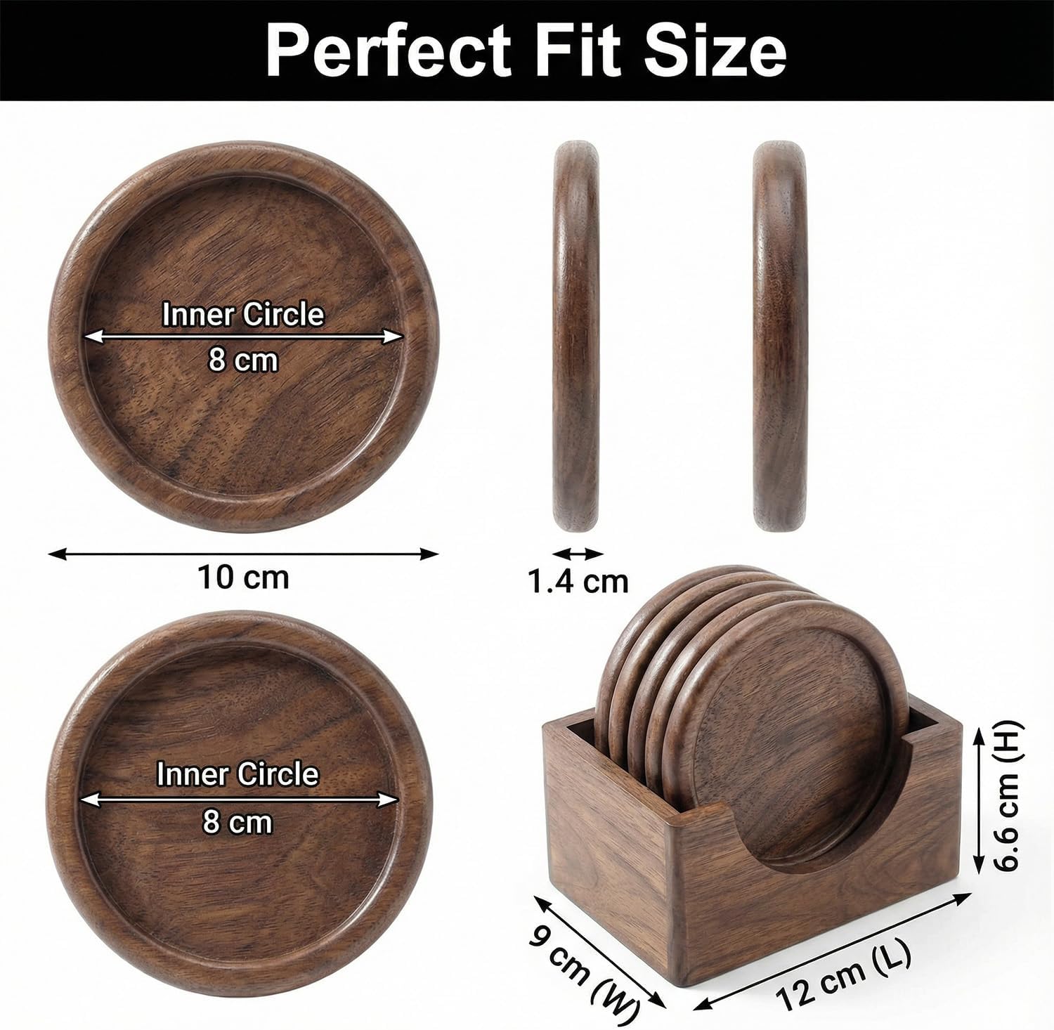 Dessous de Verre en Noyer 6 pièces - Ronds pour Tasses et Verres - Coaster en Bois avec Support de Rangement - Résistant à la Chaleur - Dimensions: ø 10 cm