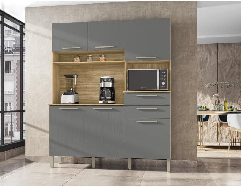 Buffet de Cuisine 6 Portes 2 Tiroirs Chêne et Gris L 160.7 H 196 P 38.8 cm
