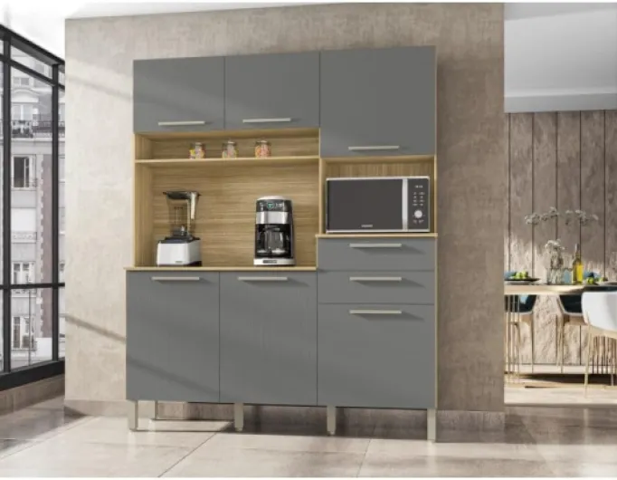 Buffet de Cuisine 6 Portes 2 Tiroirs Chêne et Gris L 160.7 H 196 P 38.8 cm