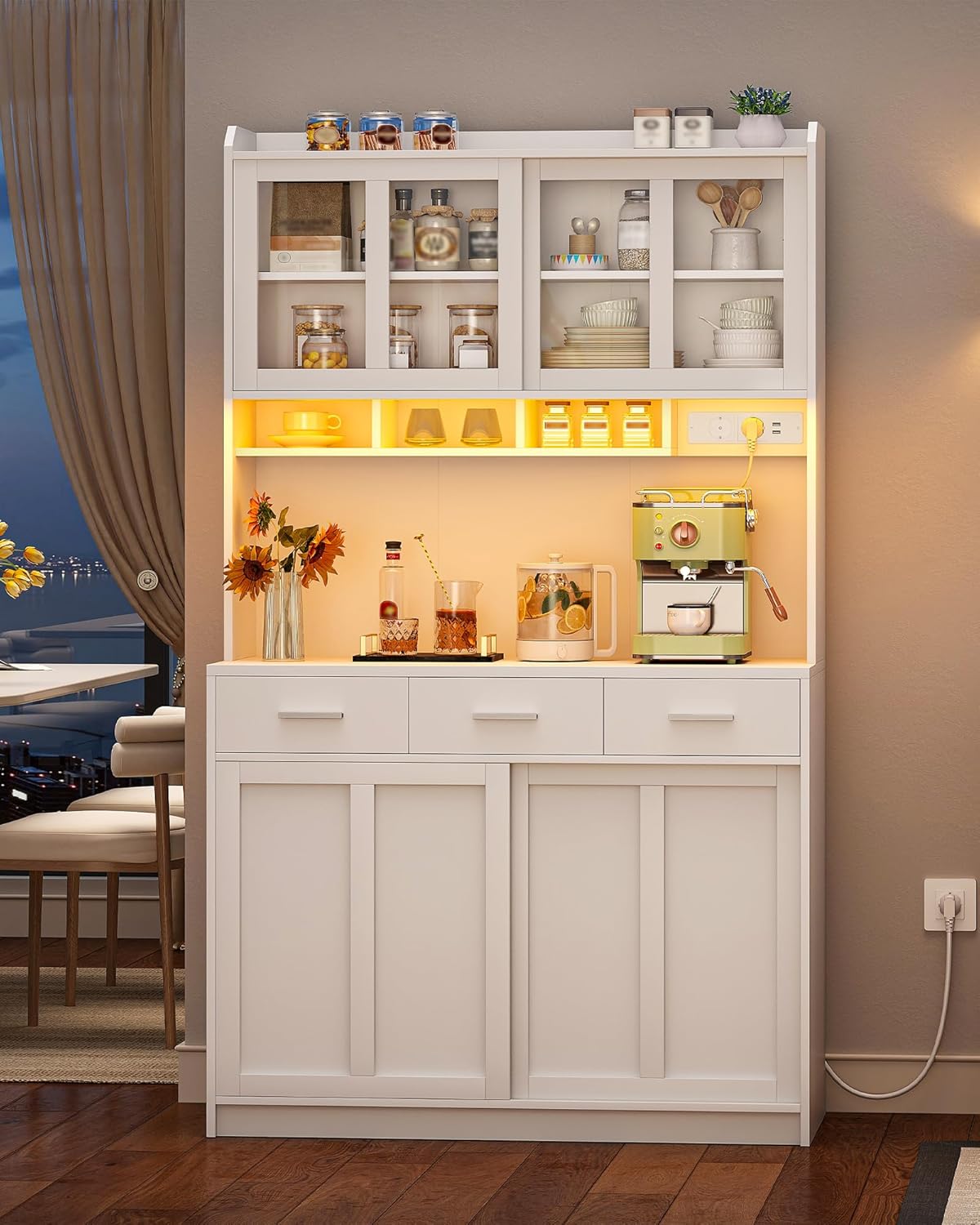 Armoire de Cuisine, Buffet avec Éclairage LED et Multiprise, Plan de Travail, 3 Tiroirs, Étagères Réglables, Portes Coulissantes, pour Cuisine, 40 x 100 x 185 cm, Blanc 0110203XEU