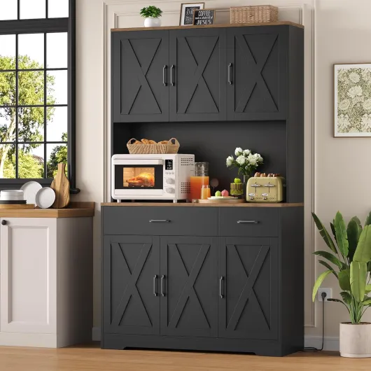 Buffet Cuisine 105x180 cm (BxH), Haut Armoire de Cuisine, Vaisselier avec Prises Électriques, avec Plans de Travail et 2 Tiroirs, Étagères Réglables, Meuble de Rangement Noir