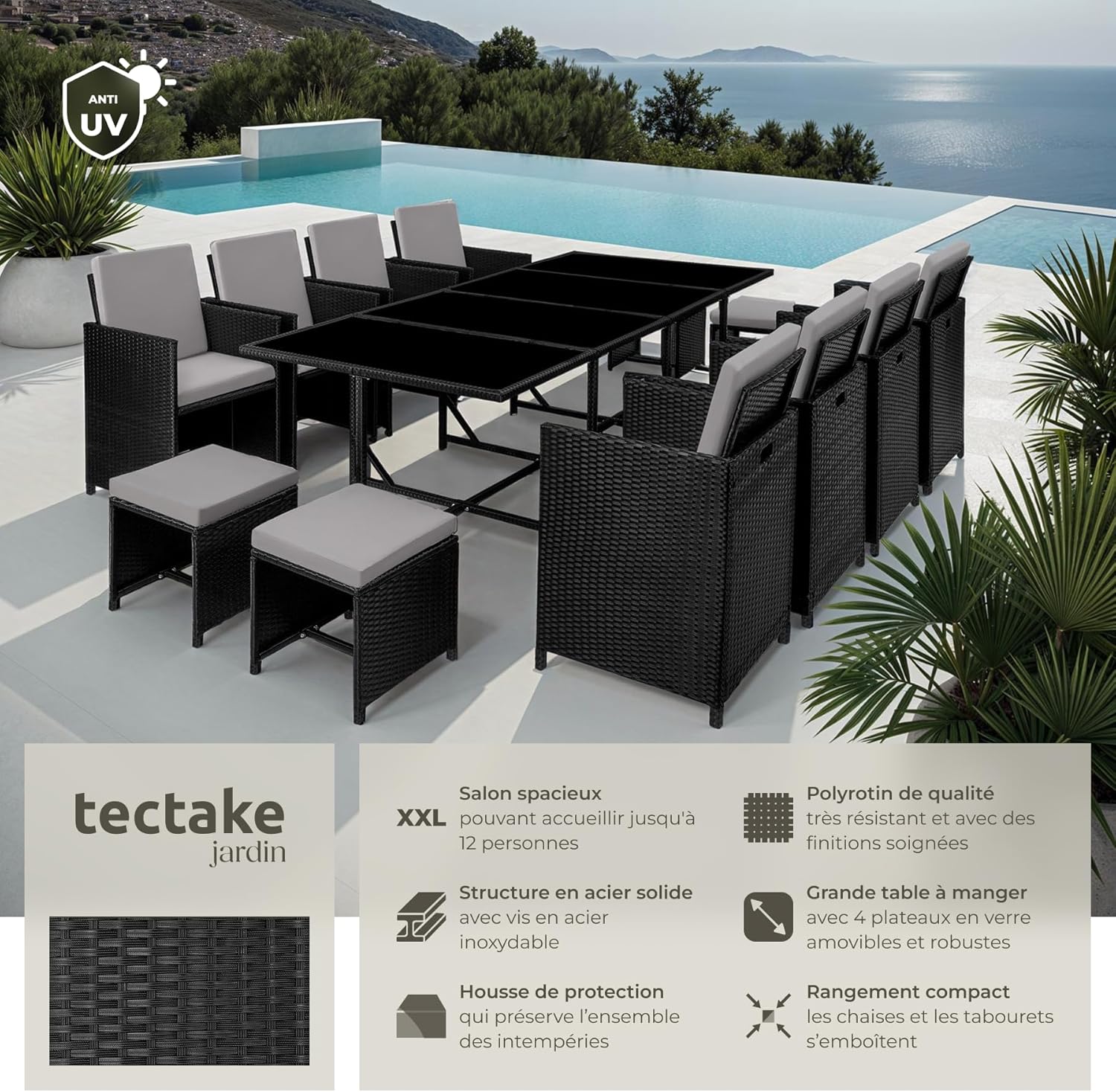 Salon de Jardin en Résine Tressée - Ensemble Repas Extérieur 8 Chaises Confortables 4 Tabourets 1 Table - Mobilier pour Aménagement Balcon Terrasse - Noir/Gris