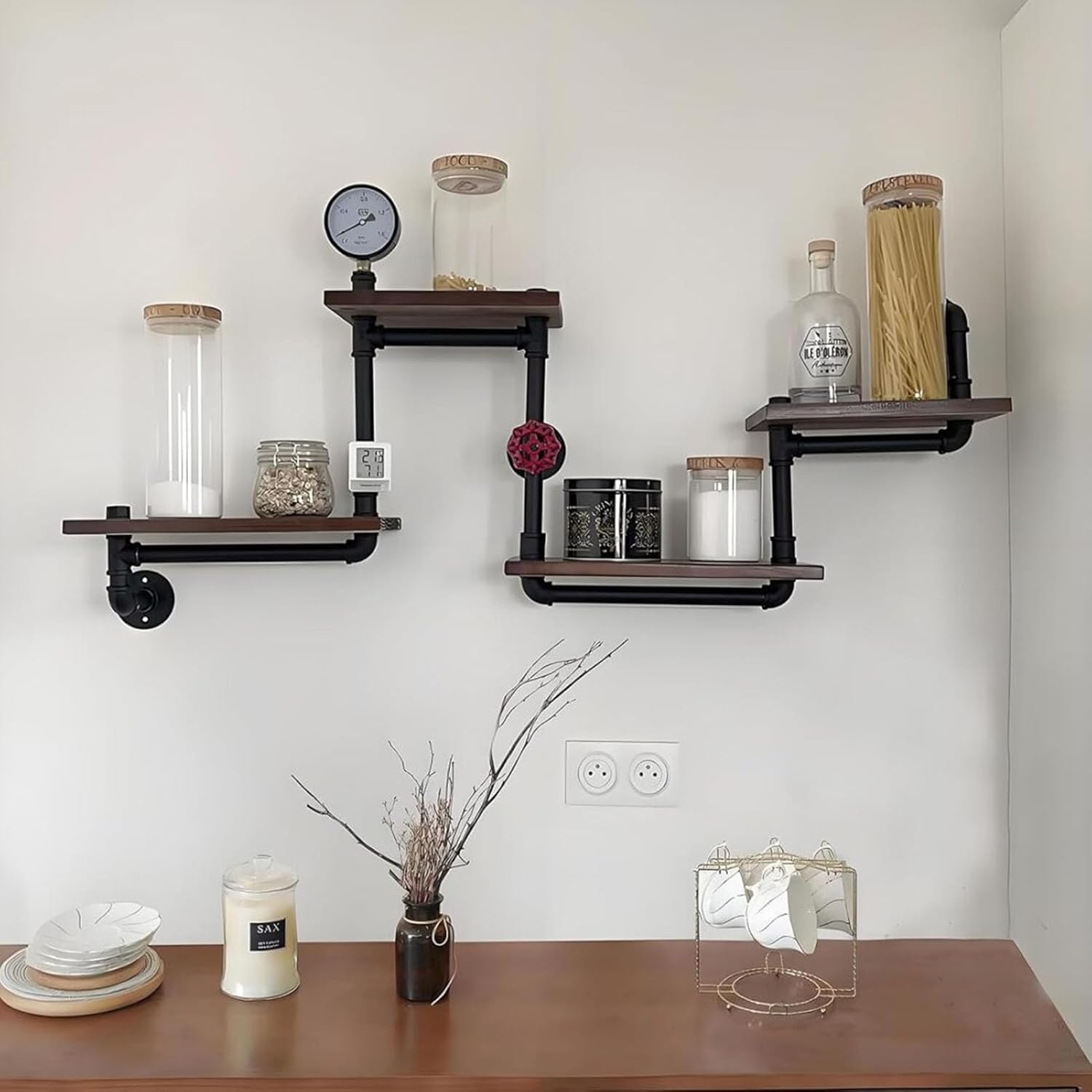 Étagère murale industrielle vintage à 4 niveaux - Étagère d'angle industrielle en bois et métal - Étagère flottante - Étagère murale de salle de bain - Design rustique pour salon, cuisine, bar