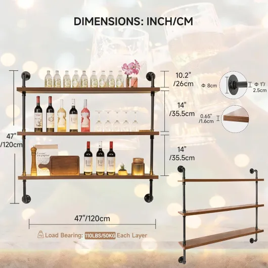 120 cm Porte-bouteilles De Vin Mural LED à 3 Niveaux, Étagère Murale Bar Style Industriel en Bois et Métal avec Éclairage LED, Casier a Vin Mural Porte Bouteille pour Cuisine, Salon, Bar & Restaurant