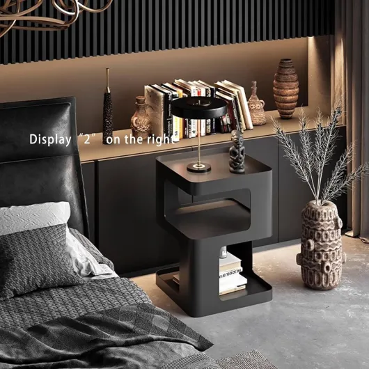 Table d'Appoint Design Métal Noir Mat, Table de Chevet Moderne sans Montage, Structure Monobloc Soudée, Meuble d'Accent Forme Graphique, Peinture Haute Température