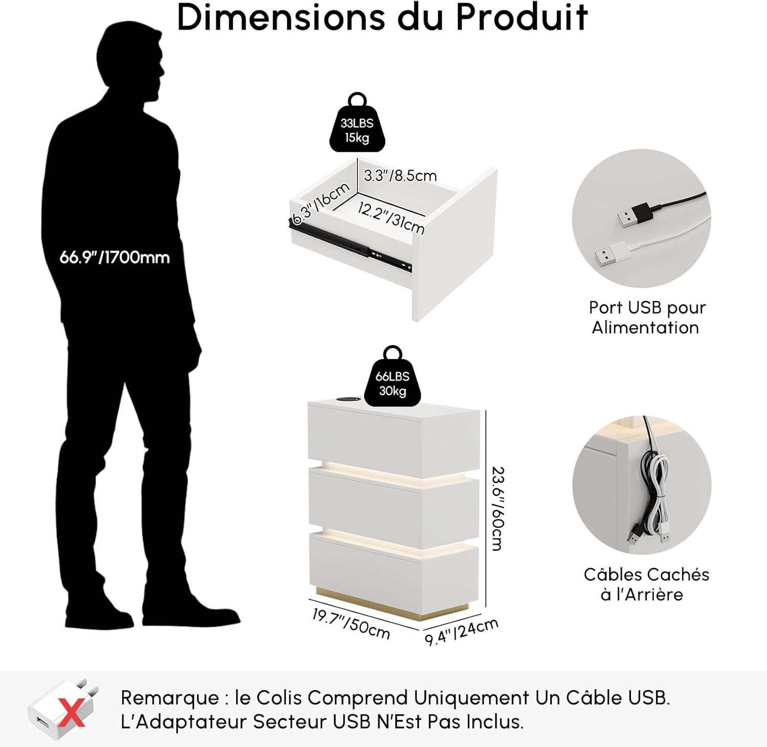 Table de Chevet Etroite avec LED et Recharge sans Fil, Lumio Table de Nuit Connectée à 3 Tiroirs, Petite Table Chevet Moderne avec USB et Type-C, Blanc Blanc 3 Tiroirs, Etroite