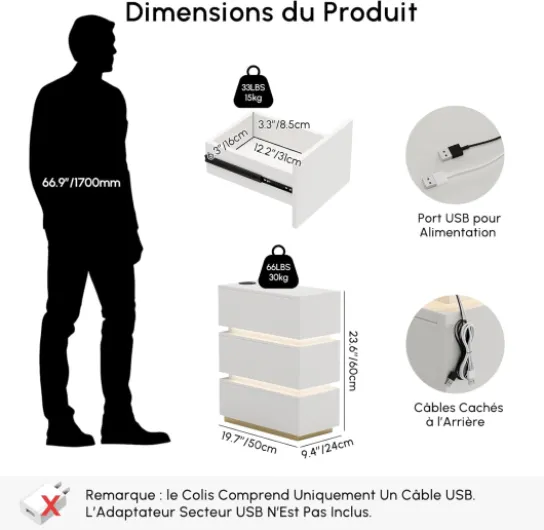Table de Chevet Etroite avec LED et Recharge sans Fil, Lumio Table de Nuit Connectée à 3 Tiroirs, Petite Table Chevet Moderne avec USB et Type-C, Blanc Blanc 3 Tiroirs, Etroite