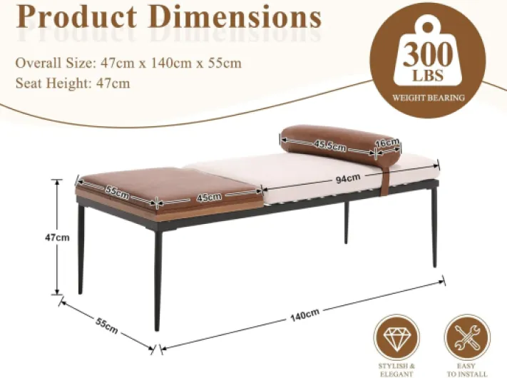 Ya-Home Banc de Lit Moderne Pieds en Métal -Banc d'entrée-Banquette de Fenêtre en Cuir et Lin pour Chambre à Coucher ou Salon-140 x 55 x 47 cm, Blanc Blanc chenille