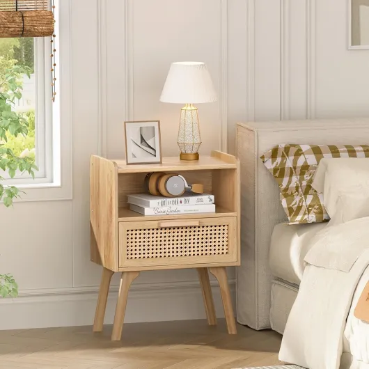 LELELINKY Lot de 2 Tables de Chevet en rotin bohème - Petite Table d'appoint en Bois avec tiroir et étagère Ouverte - Table de Chevet avec Pieds en Bois Massif - pour Salon, Table Basse, Chambre à 2 Set Natur