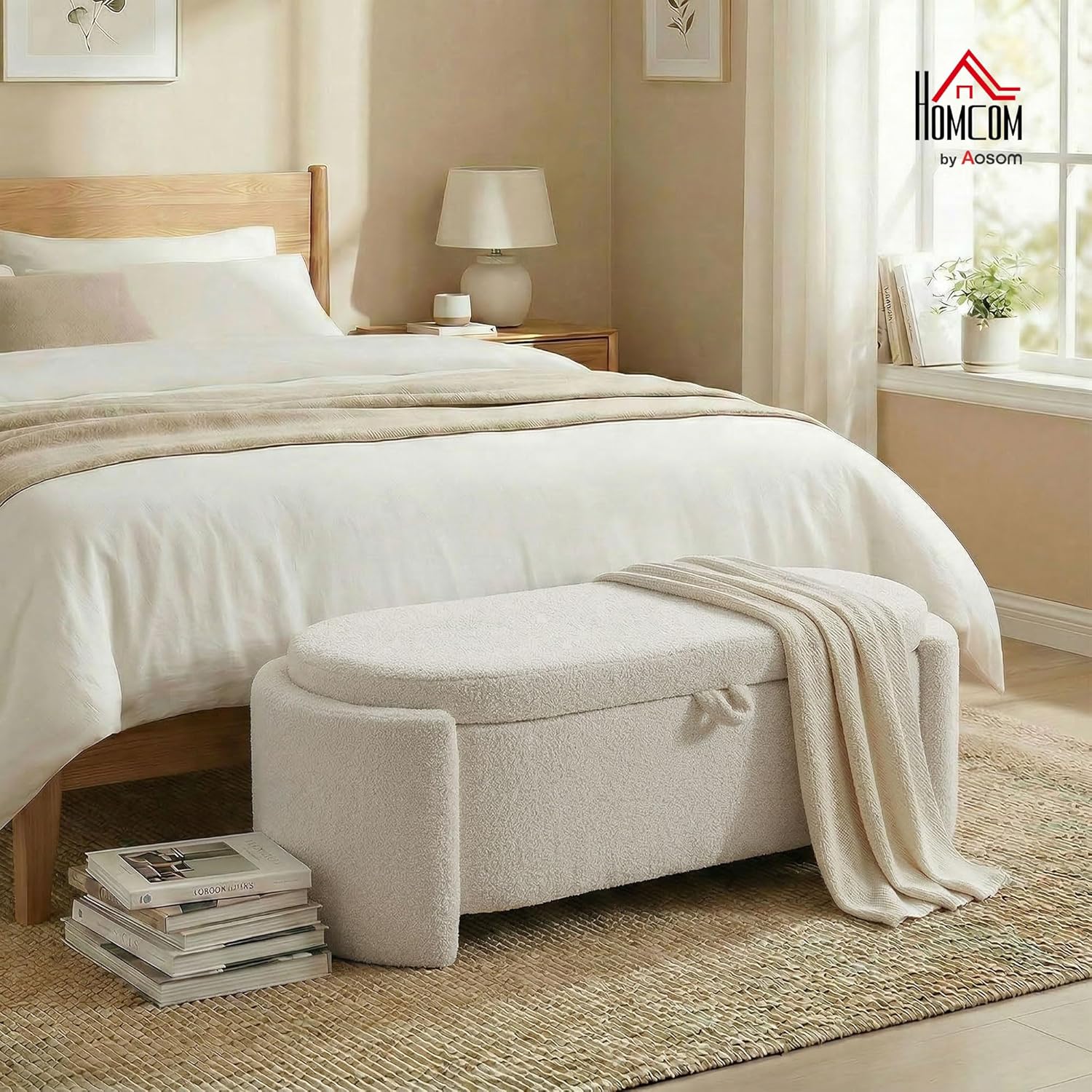 Banc de Rangement, Bout de lit Ovale, Repose-Pieds rembourré en Polaire Teddy avec Assise Large, Charge 200 Kg, Coffre de Rangement pour Salon, Chambre, entrée, 129 x 48,5 x 44 cm, crème
