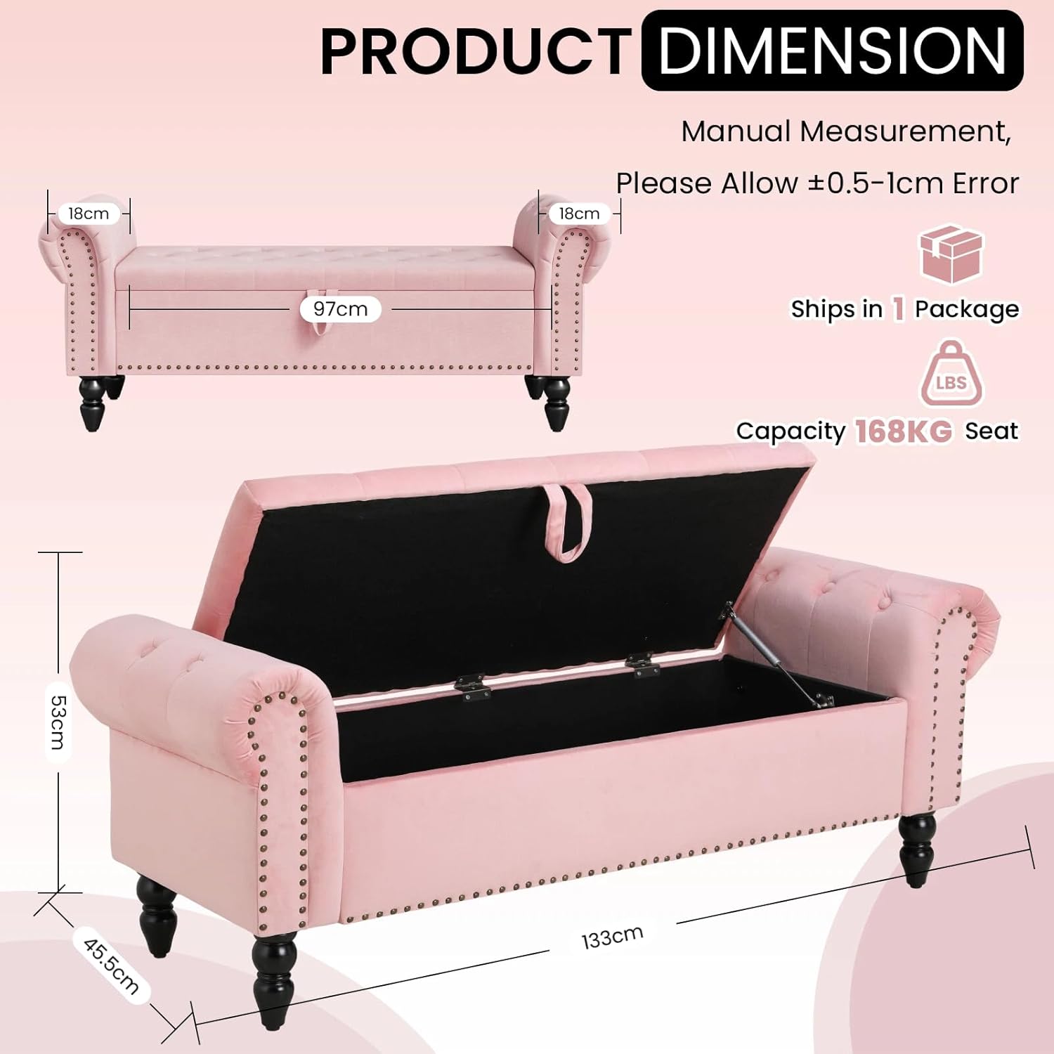 Banc de Rangement 133 cm, Coffre de Rangement en Velours, intérieur, Repose-Pieds, Banc de lit, Coffre de Rangement avec accoudoirs pour Salon, Chambre, Couloir (Rose)