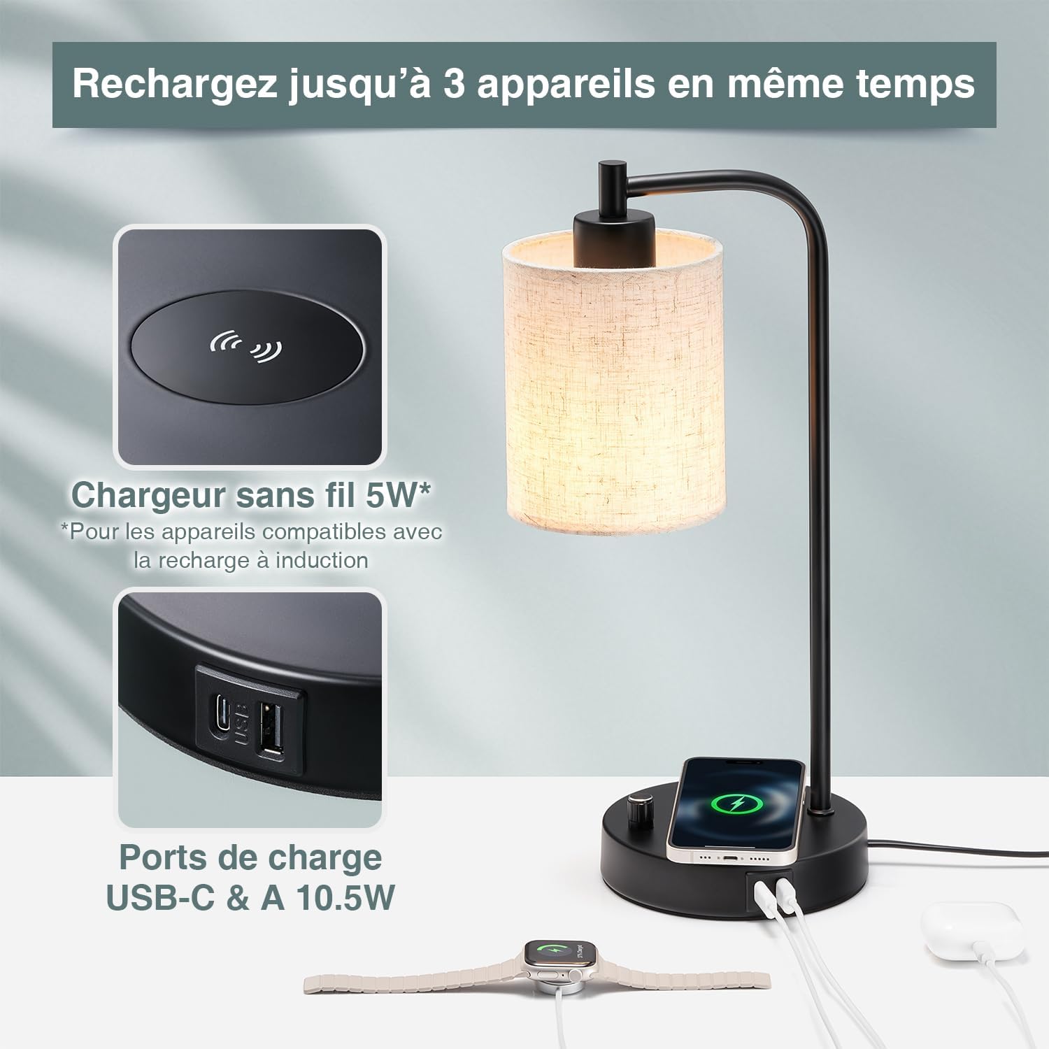 Lampe de chevet LED chambre avec chargeur induction, ports de recharge USB-C+A, Intensité variable, Abat-jour en lin, Veilleuse table de chevet, Lampe de bureau pour lecture, Lampe chevet connectée