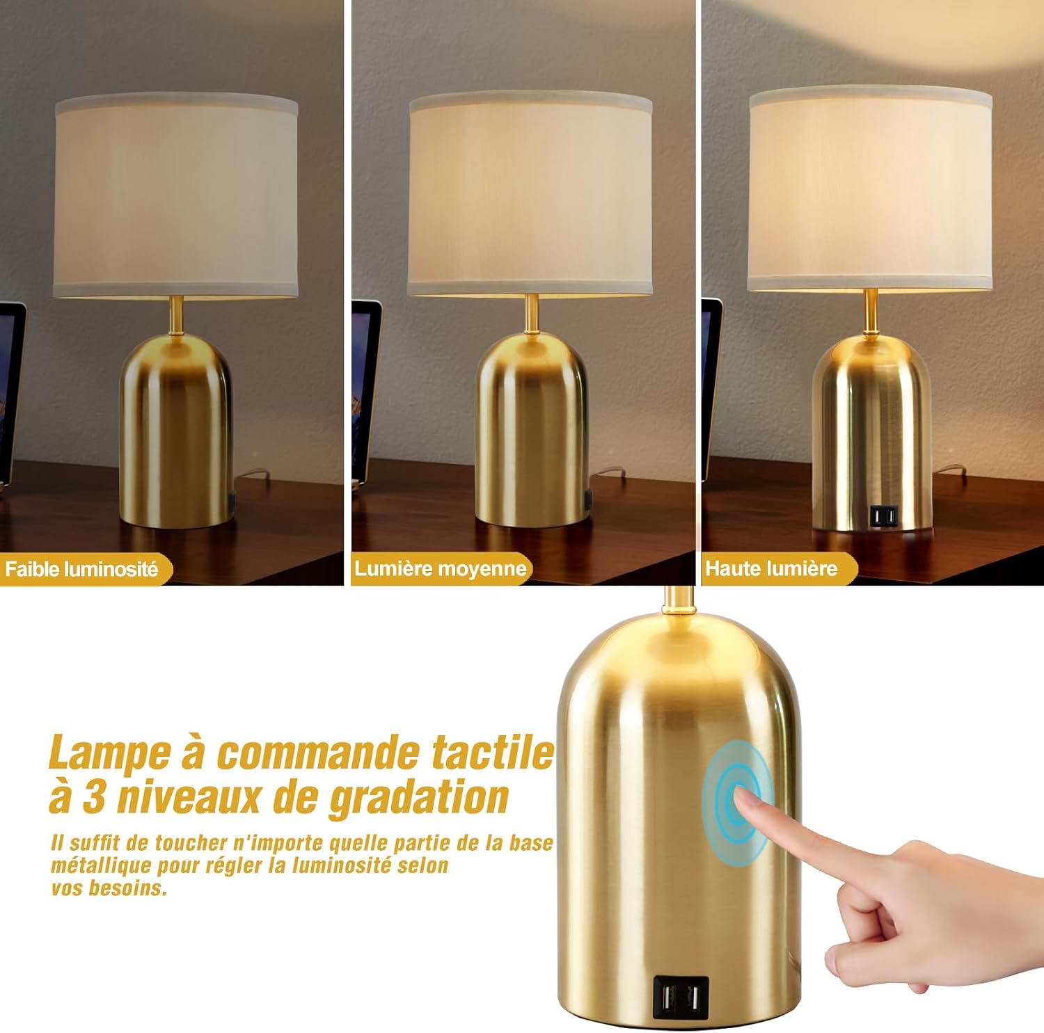 GyroVu Lampe de chevet avec port USB, lampe de table à commande tactile pour chambre à coucher, lampe de nuit dimmable à 3 niveaux avec abat-jour en tissu, base dorée pour salon, chambre d'étudiant