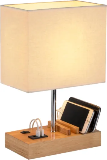 Dreamholder Lampe de table avec 3 ports USB A+C, 3 supports de téléphone, lampe de chevet USB moderne pour chambre à coucher, salon, bureau, lampe de chevet avec base en bois naturel et abat-jour en