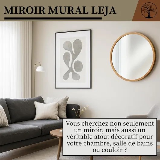 LEJA – Miroir Mural Rond, Cadre en Bois (∅70 cm), chêne – pour Salle de Bain, entrée, Salon, Chambre Chêne 70L x 70l cm