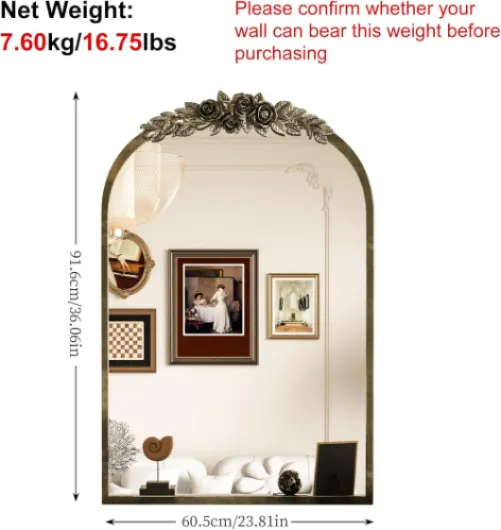 Miroir Mural Doré Décoration Salon: 60.5x5x91.6cm Miroir Arche Vintage Salle de Bain avec Cadre Sculpté Doré - Miroir Design à Suspendre pour Décoration Salon, Cheminée, Entrée
