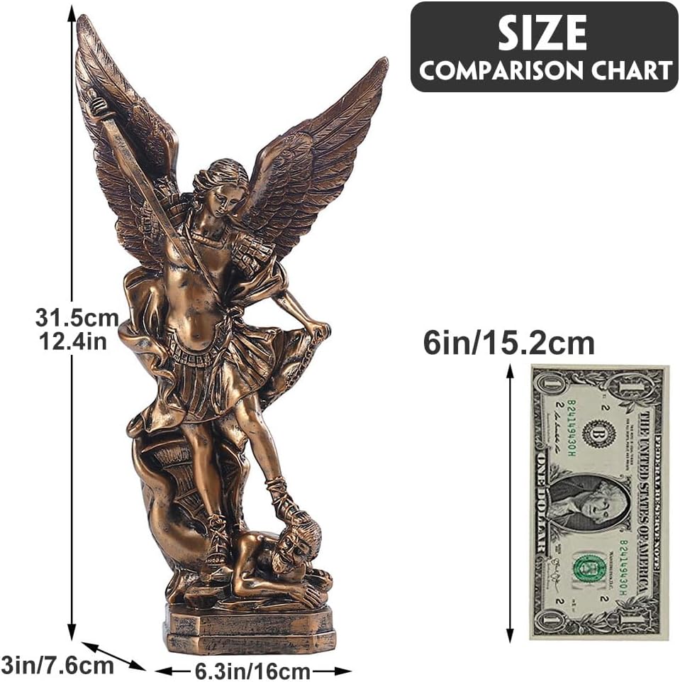 Statue de l'archange San Miguel de 12,5 pouces, statue de Saint Michel en résine couleur bronze, figurine de l'archange Saint Michel victorieux sur Satan, parfaite pour la collection ou la décoration