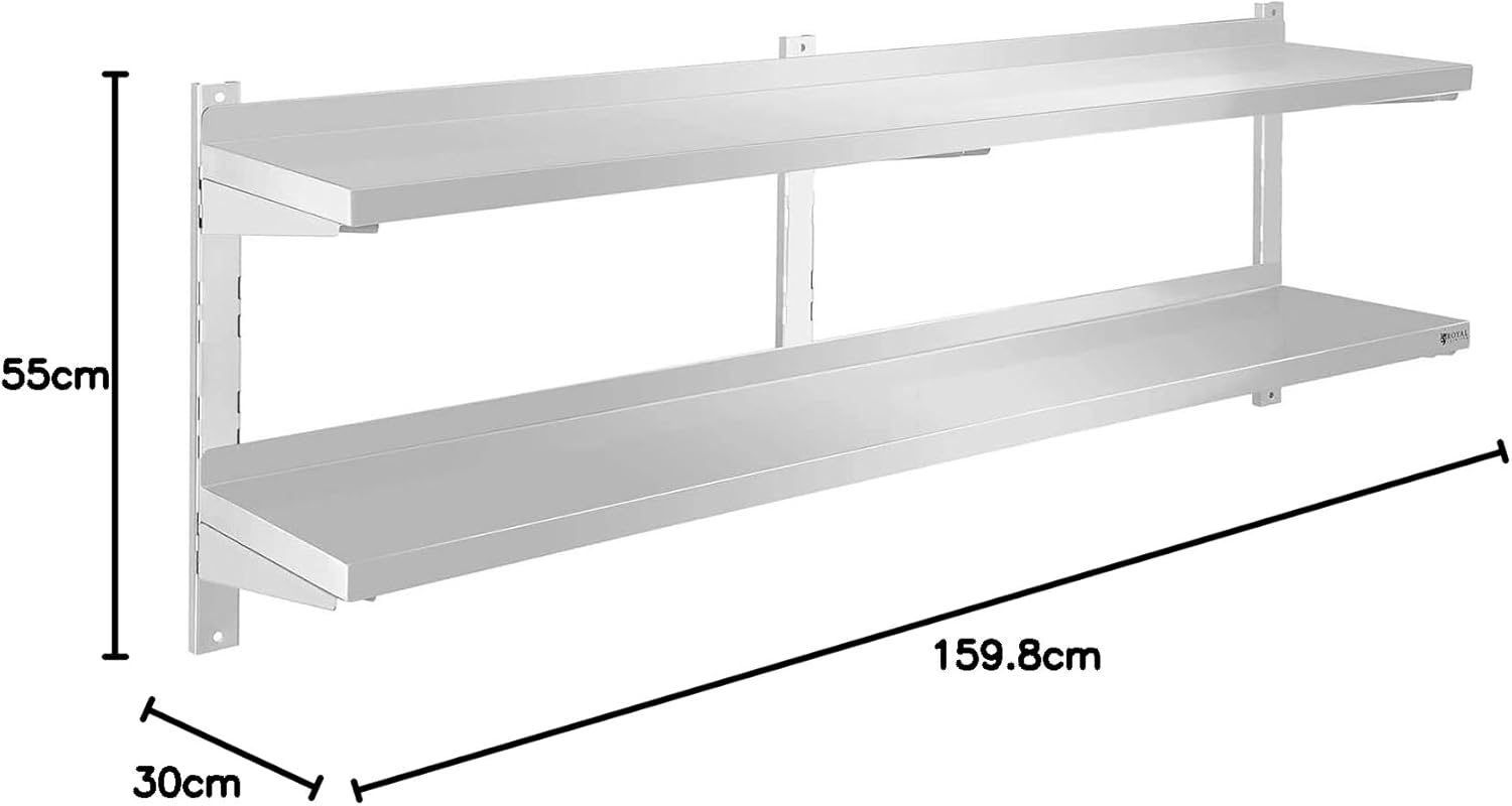 Étagère Murale Rangement Cuisine 2 plateaux RCWR-160.2 (160 cm de long, éléments pour montage mural, design moderne, inox) 160 x 30 x 3.5 cm